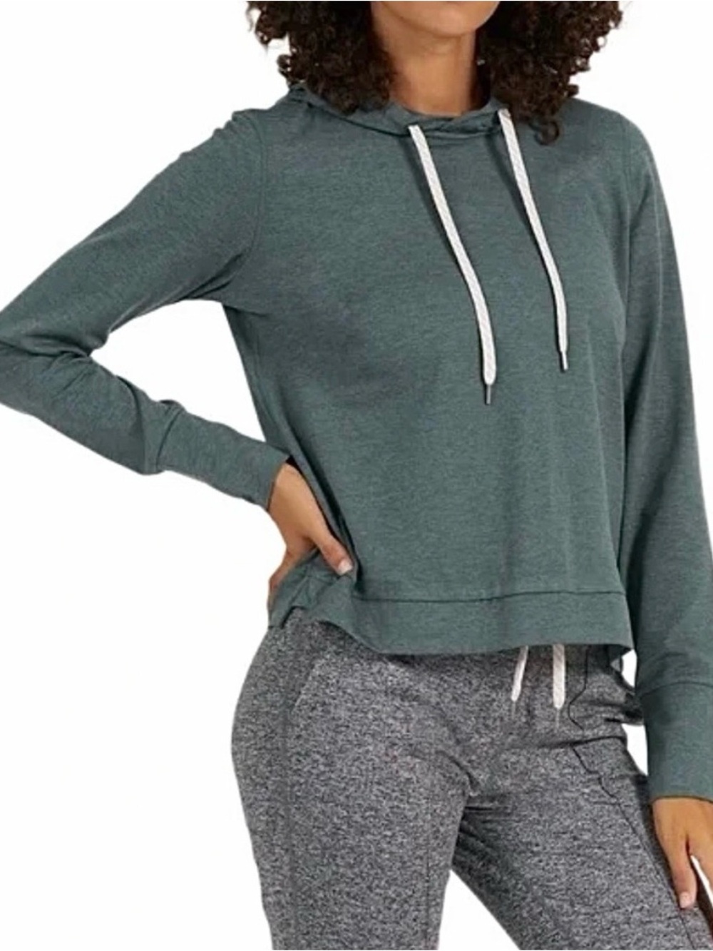 Vuori Halo Essential Hoodie in Heathered Teal with White Drawstrings